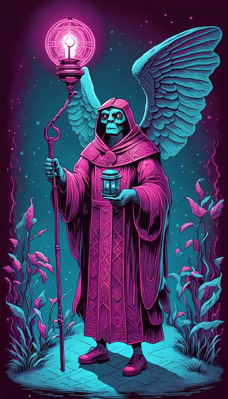 Isometric Mothman with Lantern in Cyan and Magenta