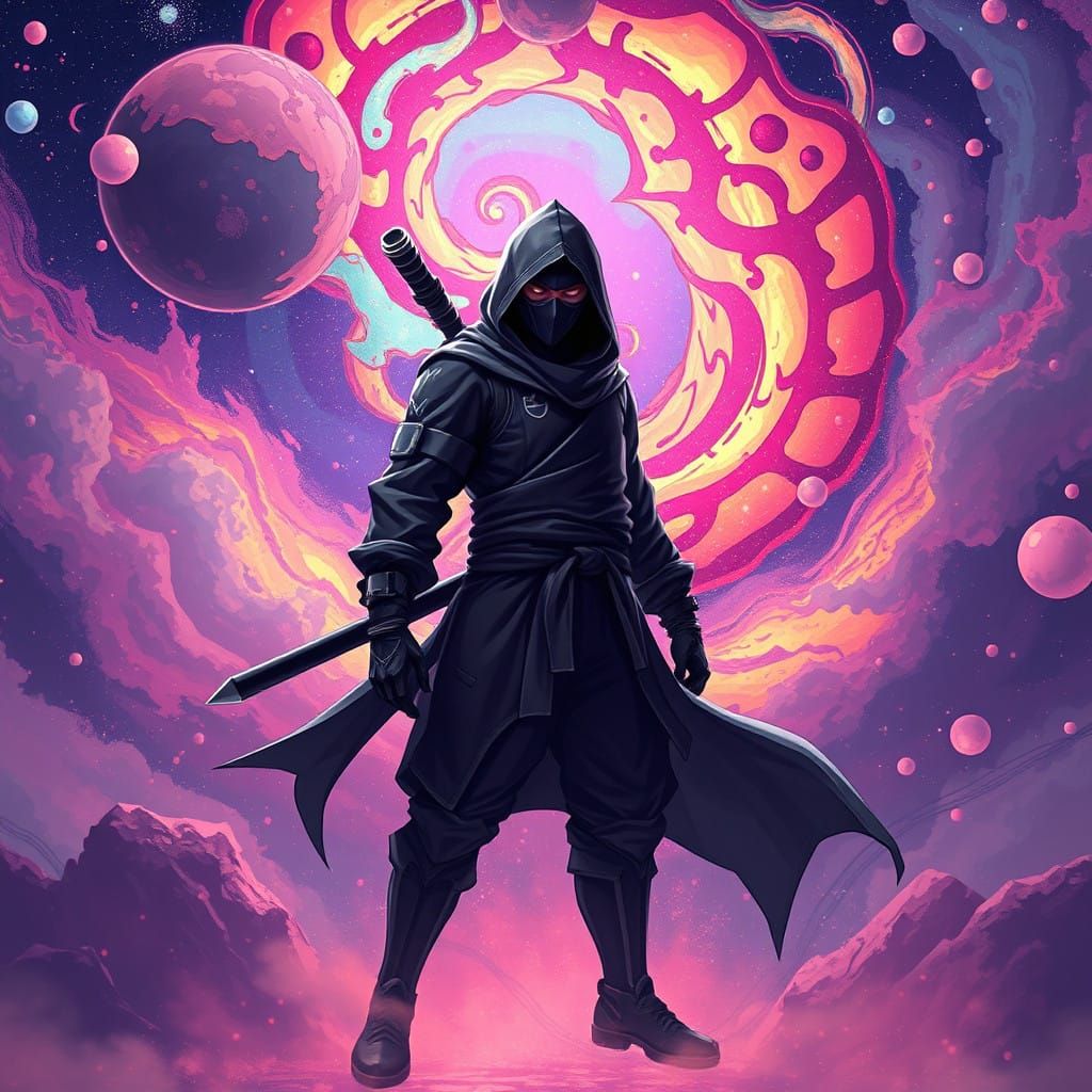 A Ninja Amidst Swirling Galaxies in Vibrant, Glitch-Art Styl...