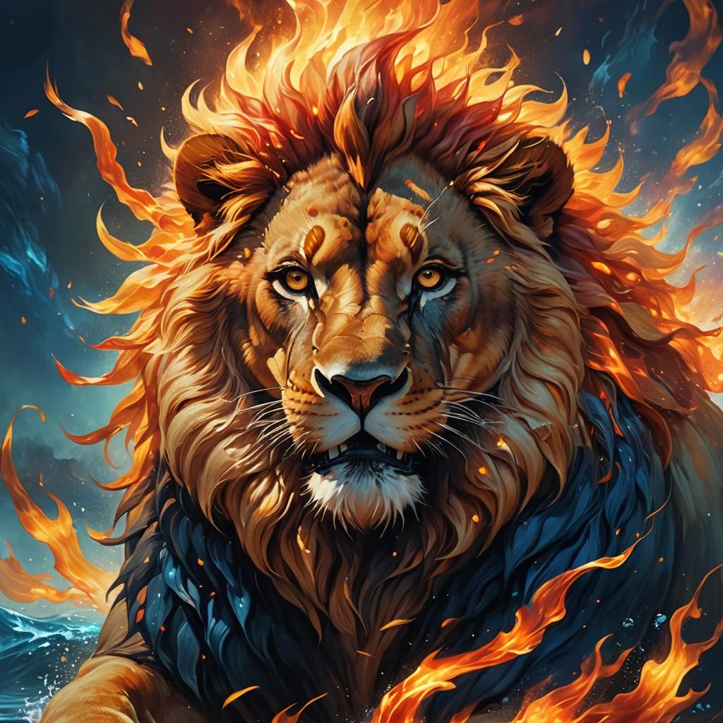 Underwater Lion with Flaming Mane, Digital Oil Painting