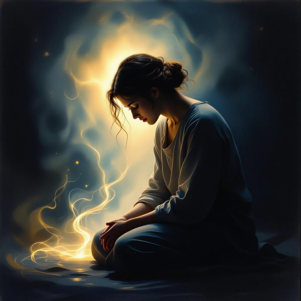 Divine Light Lifts a Kneeling Figure in Darkness