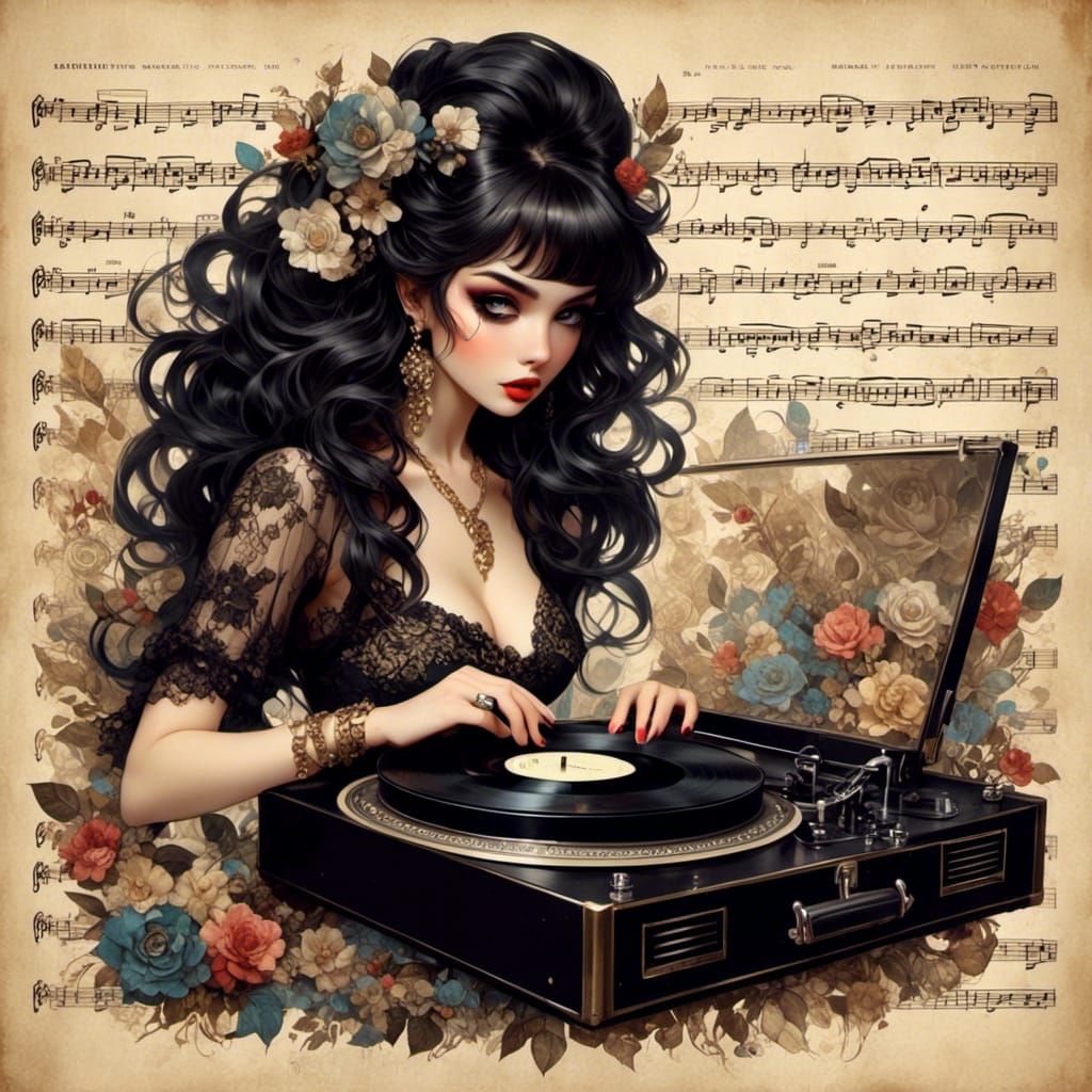 Woman Playing Vinyl Records with Musical Whimsy