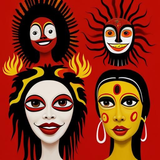 Red Oil Painting of Surreal Faces in Aboriginal Art Style