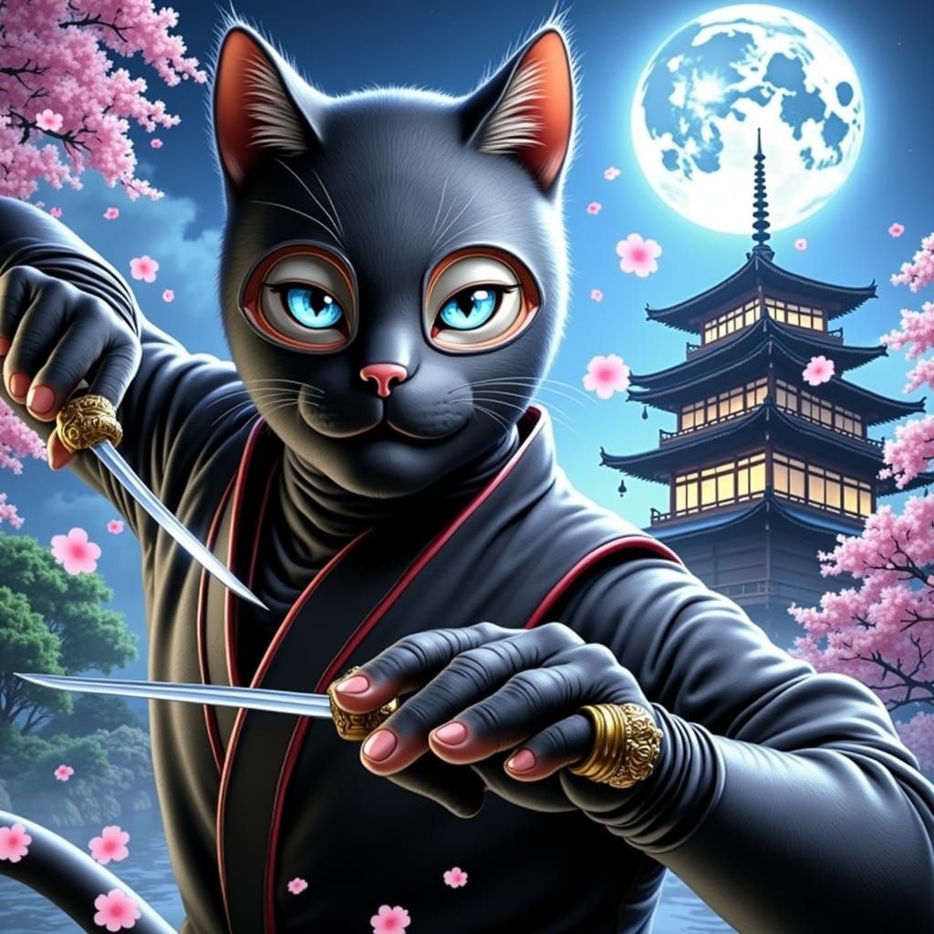 Ninja Cat with Katanas in Japanese Garden