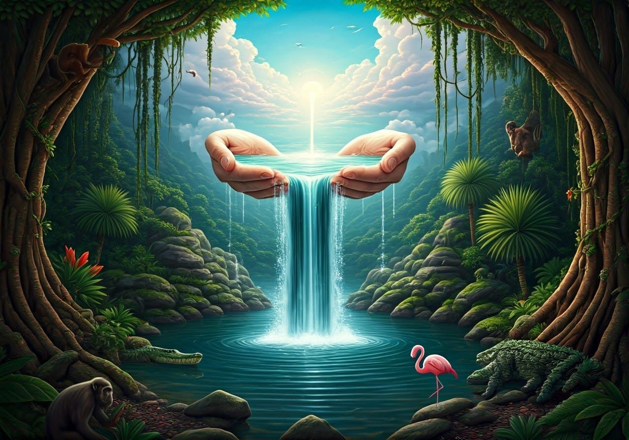 Fantasy Waterfall Emerging from Cupped Hands