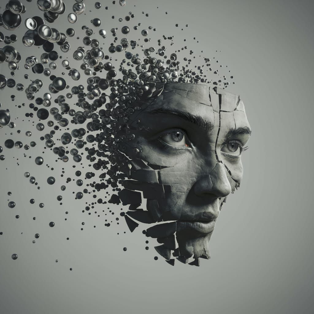 Fragmented Face Dissolving Into Digital Art