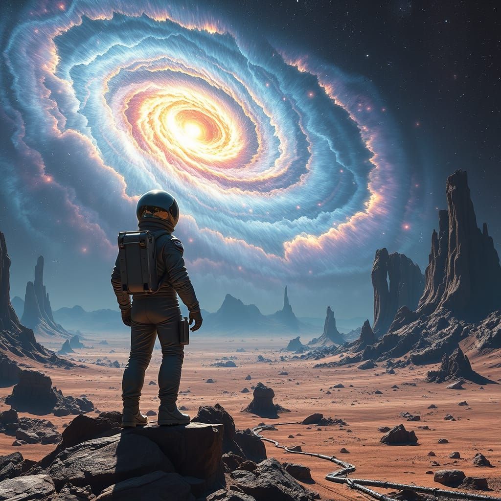 Astronaut Gazing Up at a Swirling Nebula in a Cosmic Landsca...