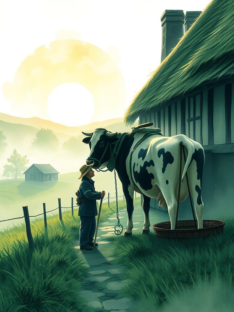 Serene Dairy Farm in Ancient Japanese Art Style