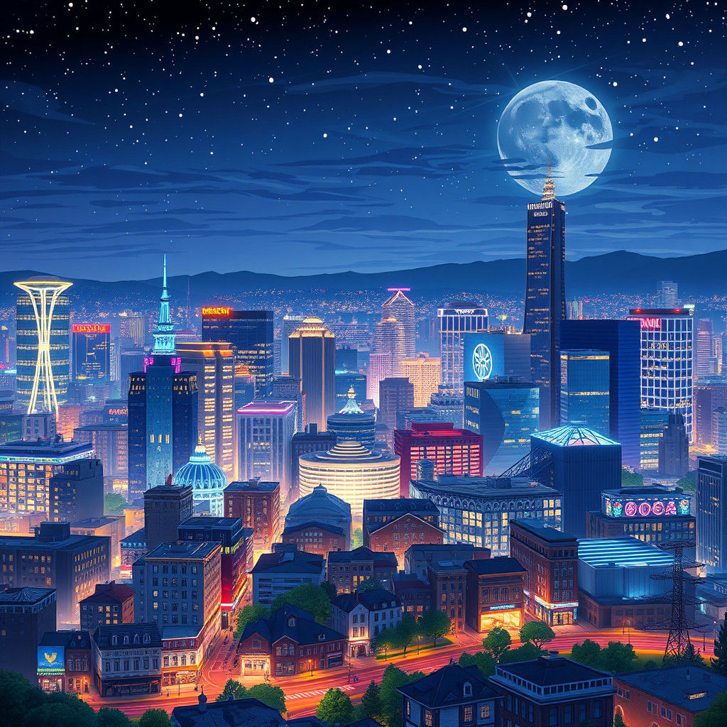 Portland Skyline in Studio Ghibli Anime Style