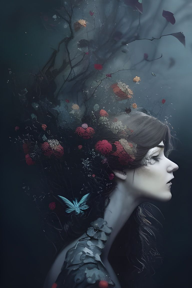 Gothic Woman Portrait with Exploding Flowers