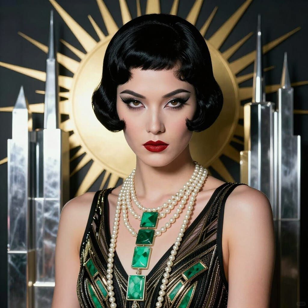 Art Deco Flapper Heiress Portrait in Chrome and Jade