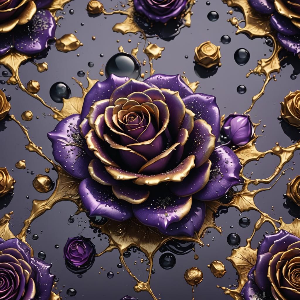 Violet, Gold, and Black Sugar Rose in Detailed Matte Paintin...