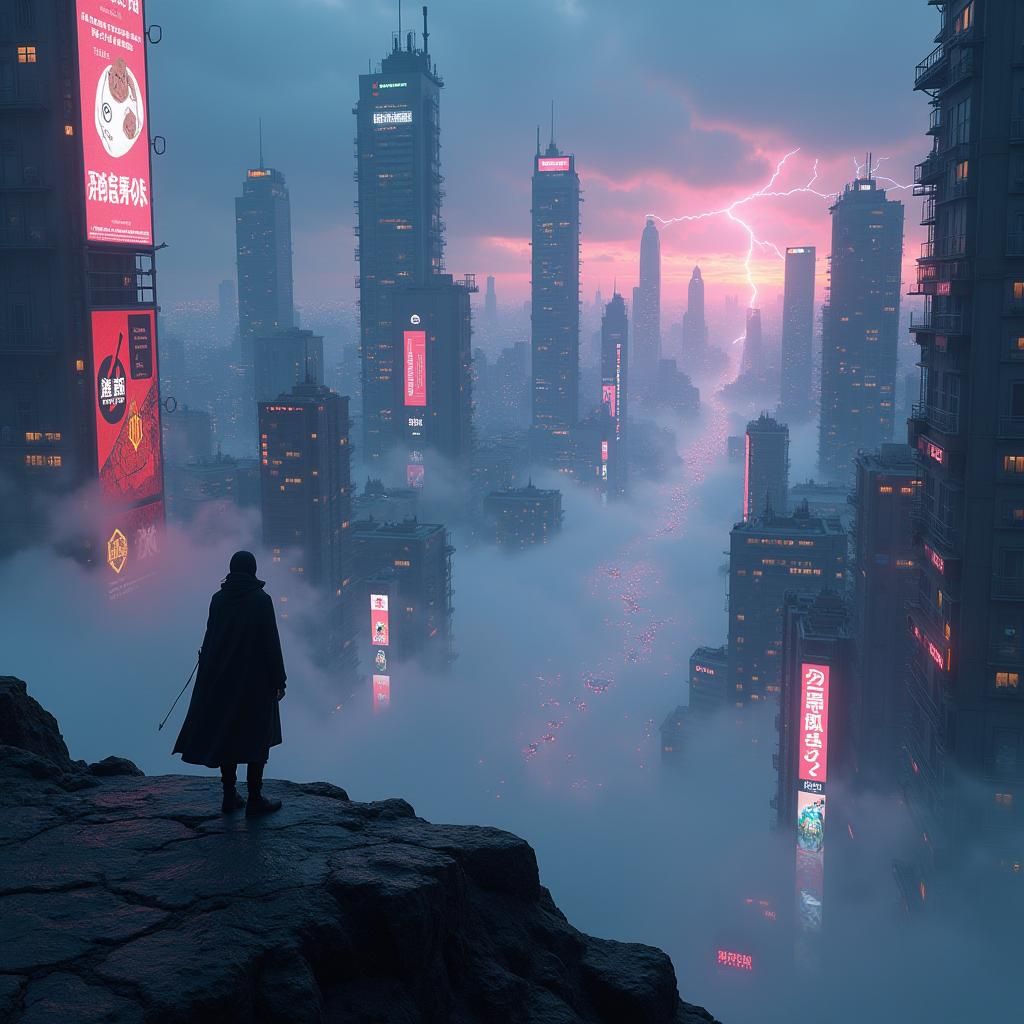 Neon Metropolis: Dystopian Cityscape at Dusk
