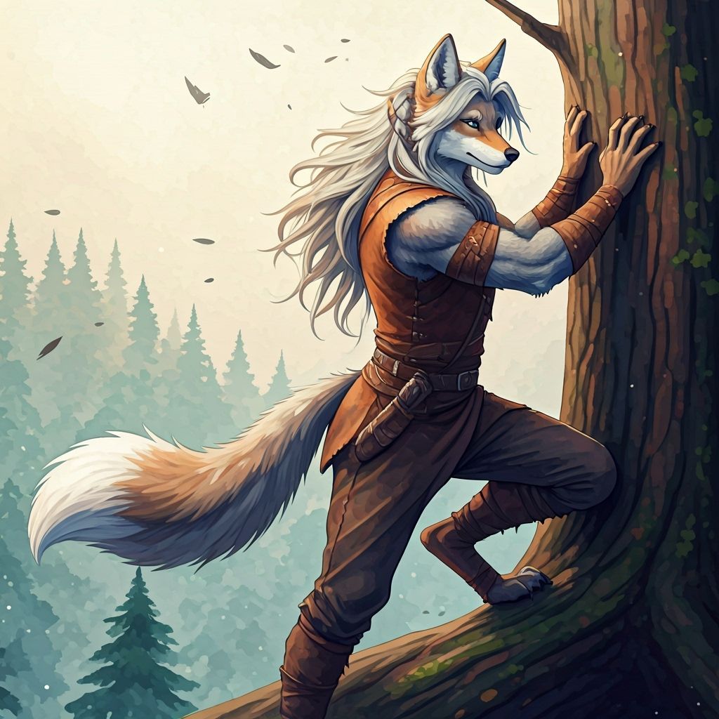 Handsome Anthro Coyote Overlooking Misty Forest in Watercolo...