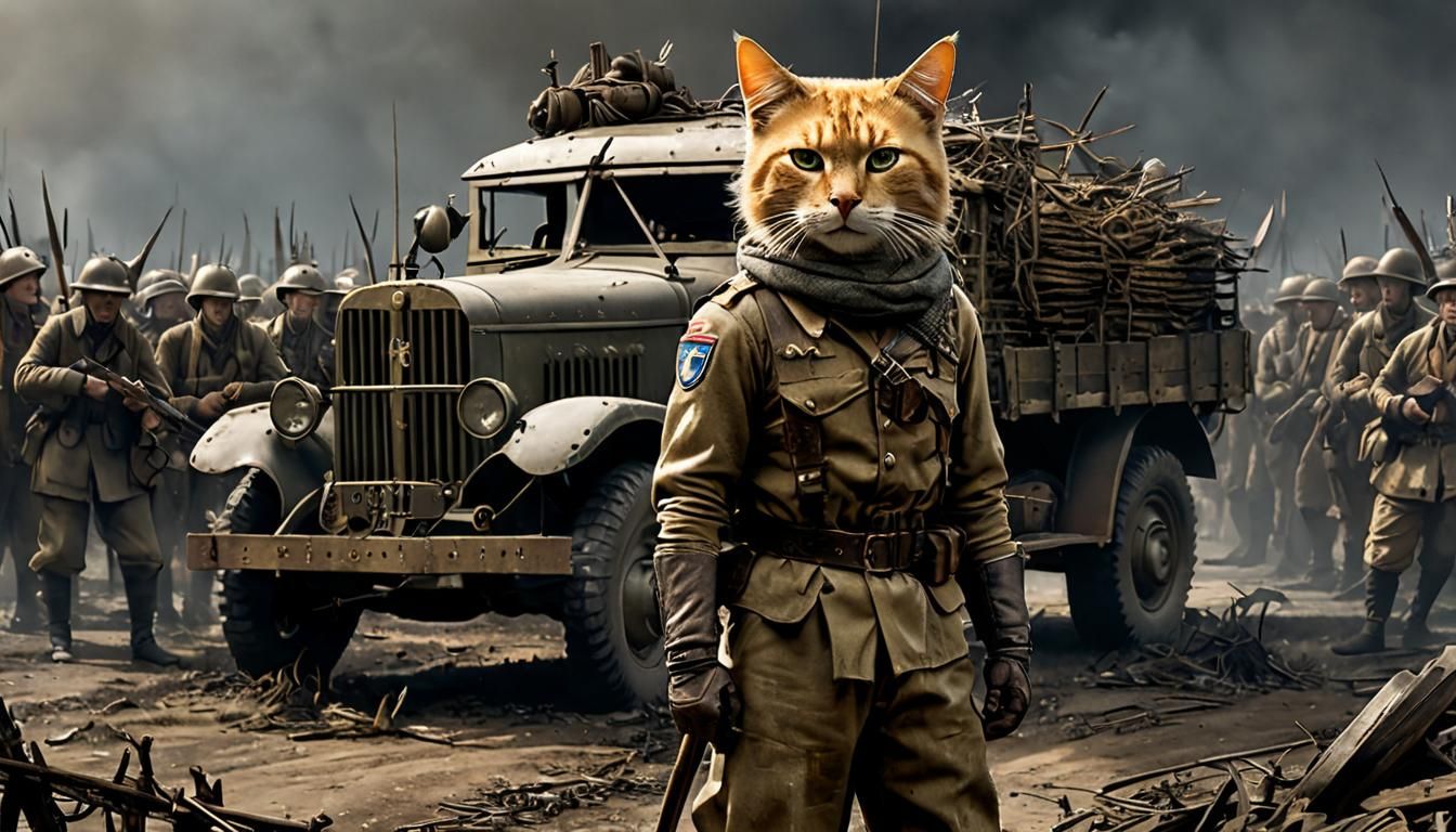Feline Warrior Commands Troops in Dystopian Landscape