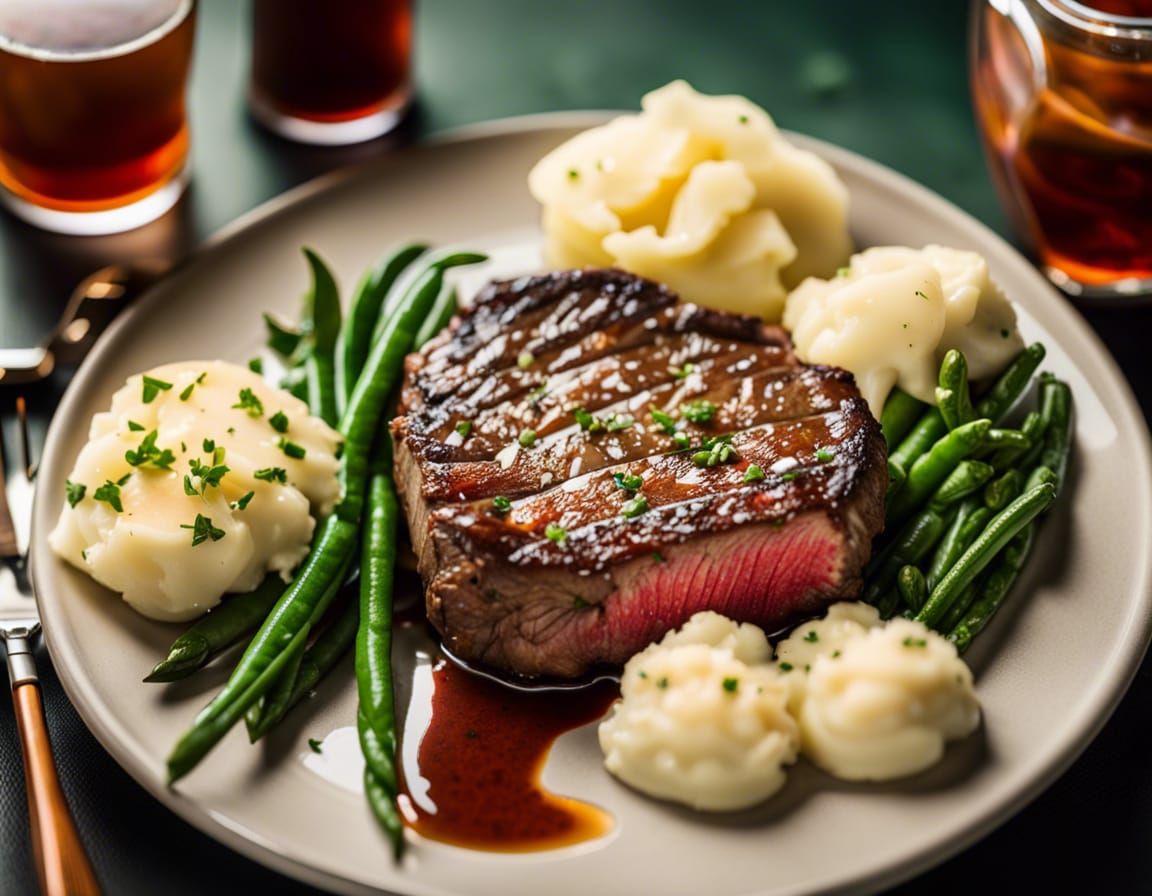 Decorative Dinner Plate with a Beautifully cooked Steak steaming, with mashed potatoes, green beans and sweet tea
