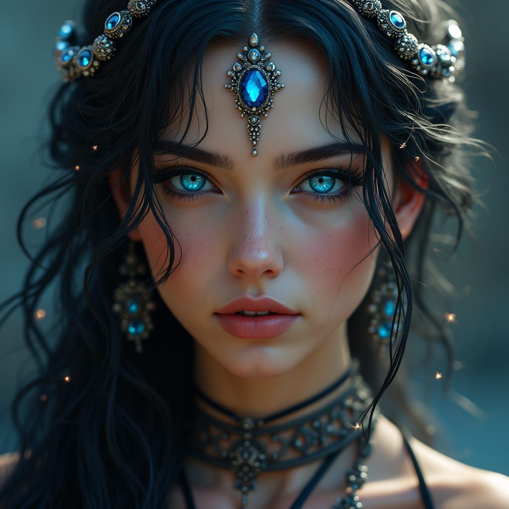 Sultry Futuristic Visionary in Glittering Jewelry