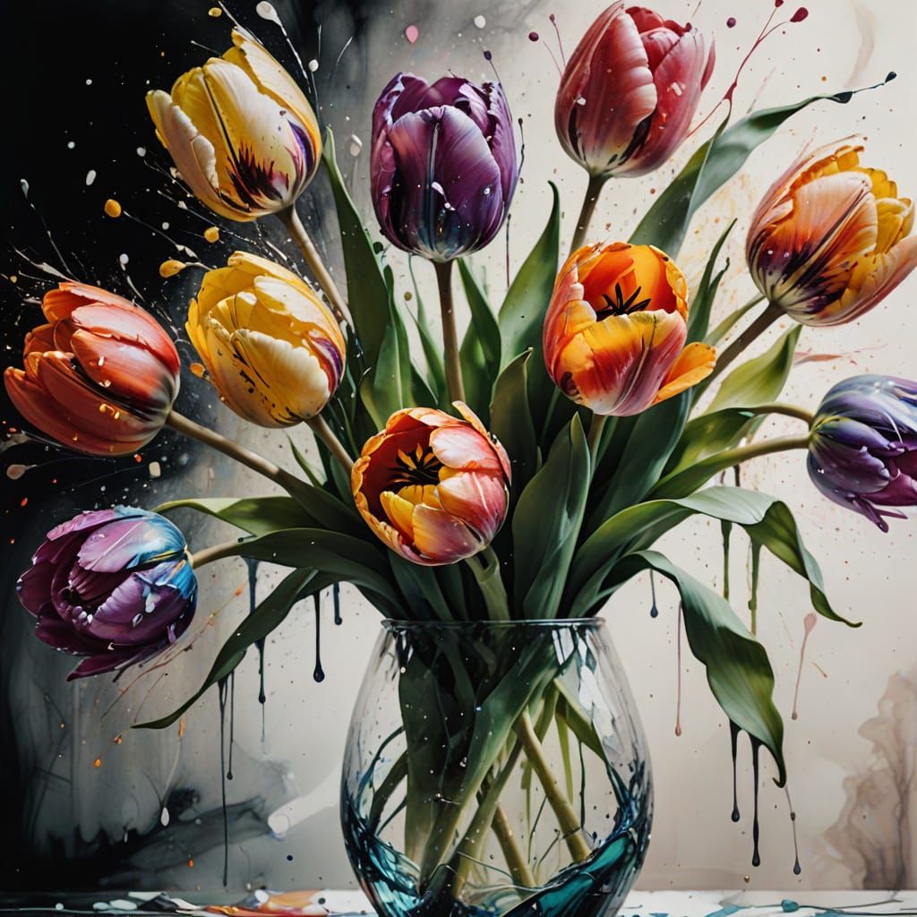 Macro Photograph of Tulips in Alcohol Ink Style