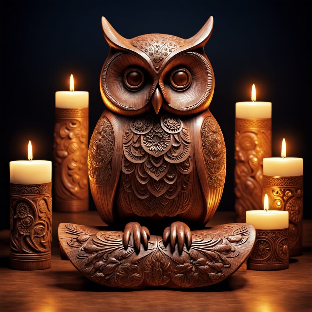 Wooden Owl in Ethereal Ambiance with Floral Engravings