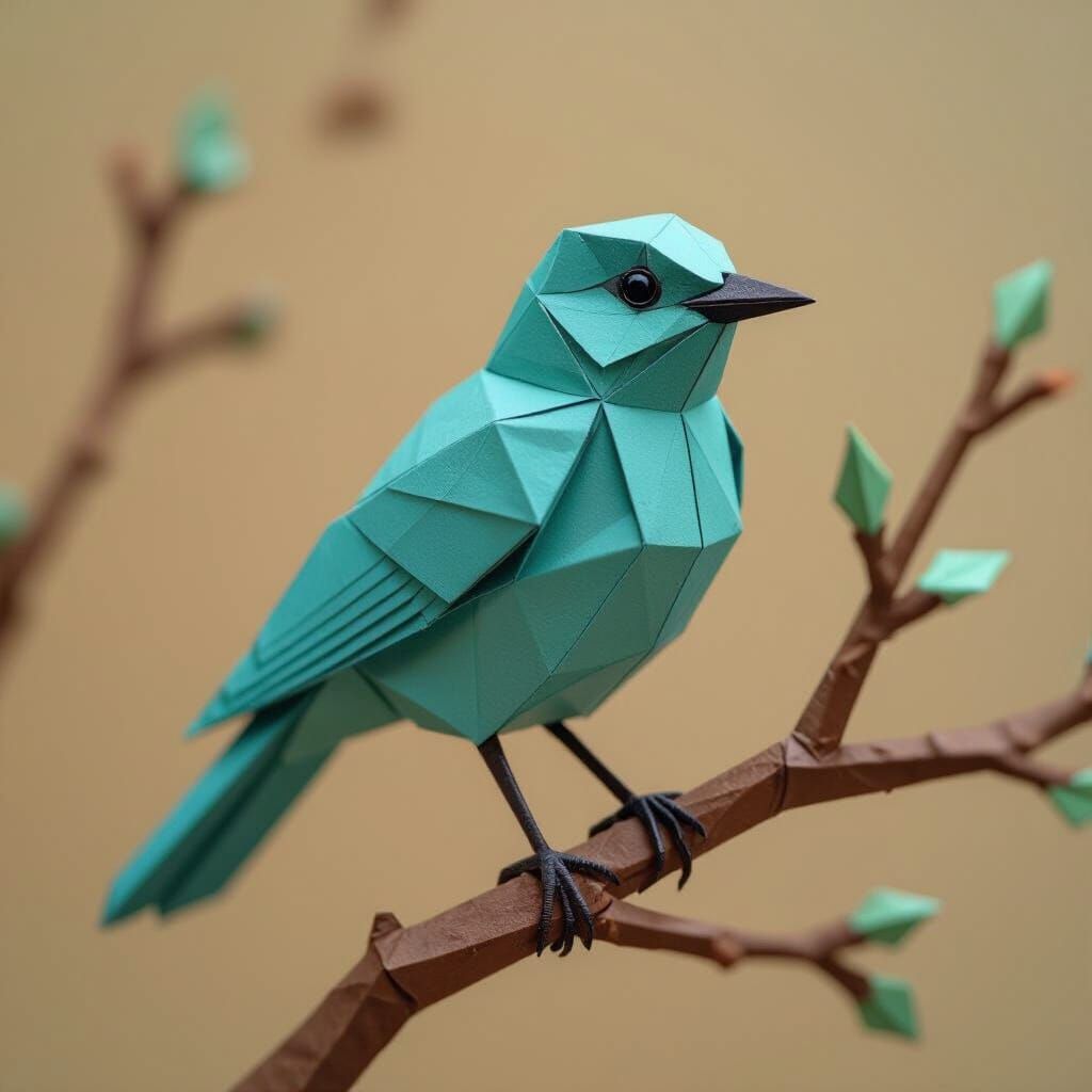 Teal Origami Bird on Brown Branch in 8K