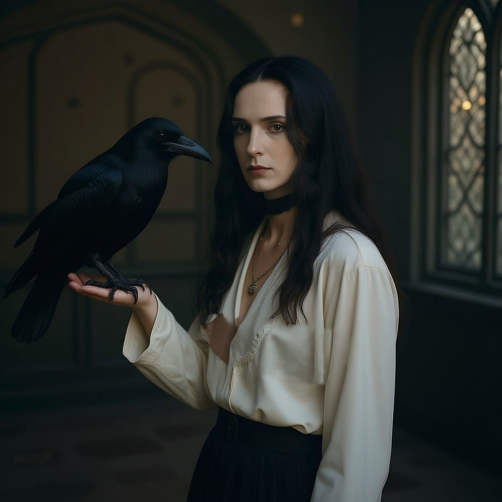 Young Severus Snape Portrait with Raven, Cinematic Style
