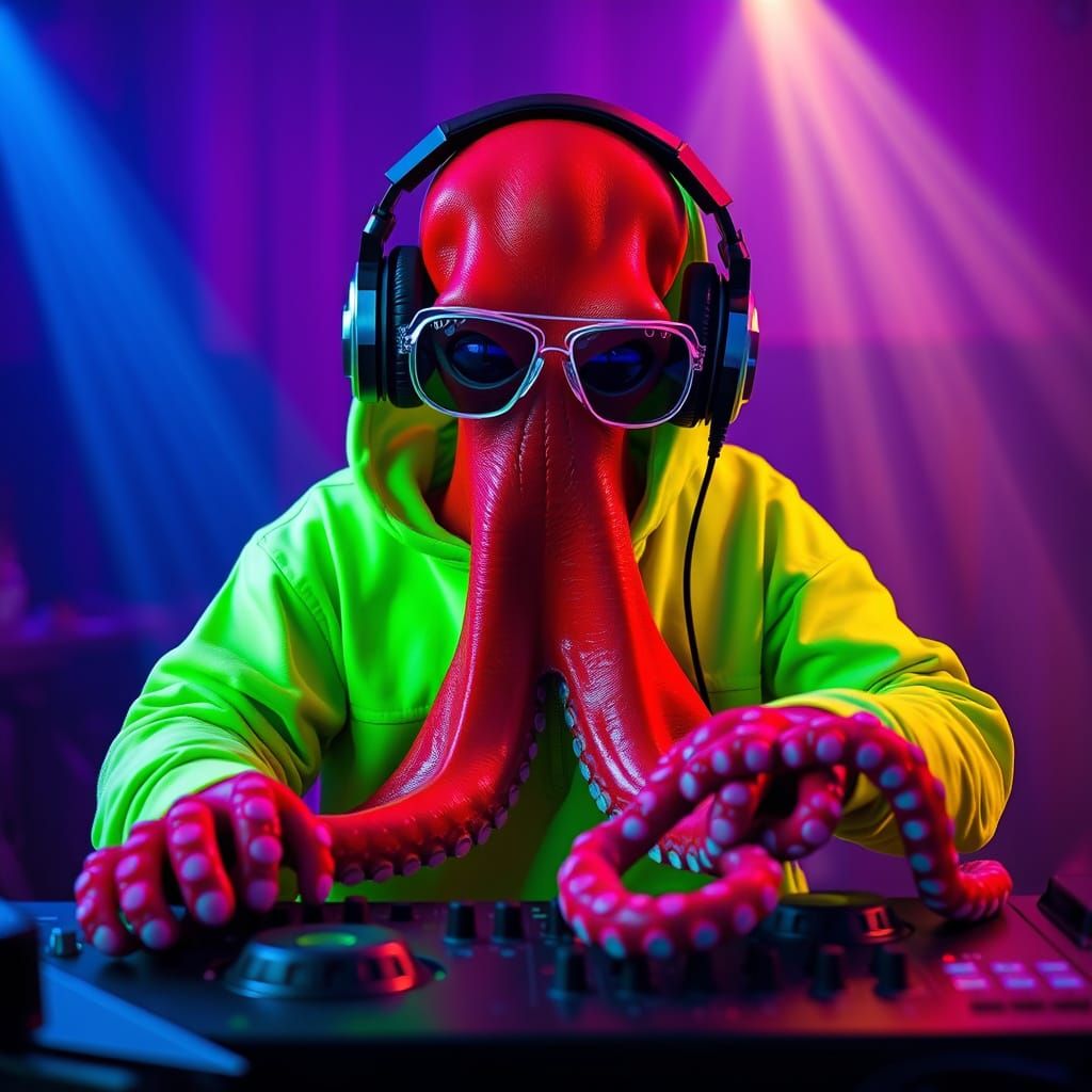 Octopus DJ in Neon Lights, Ultra-Realistic Style