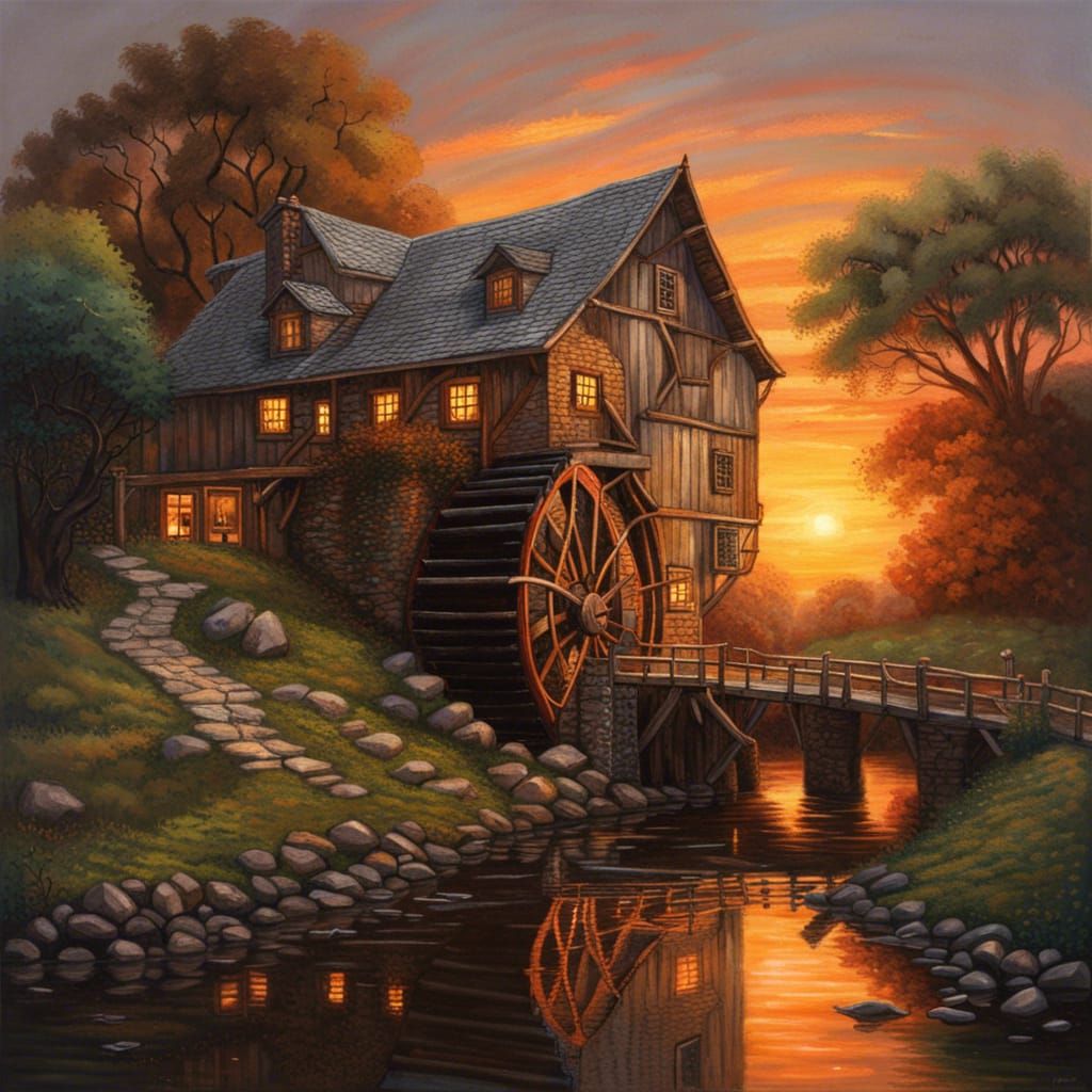 Gorgeous Water Mill at Sunset: Oil Painting