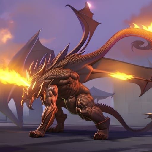 Dragon Bodybuilder at Night Market, Detailed Digital Art