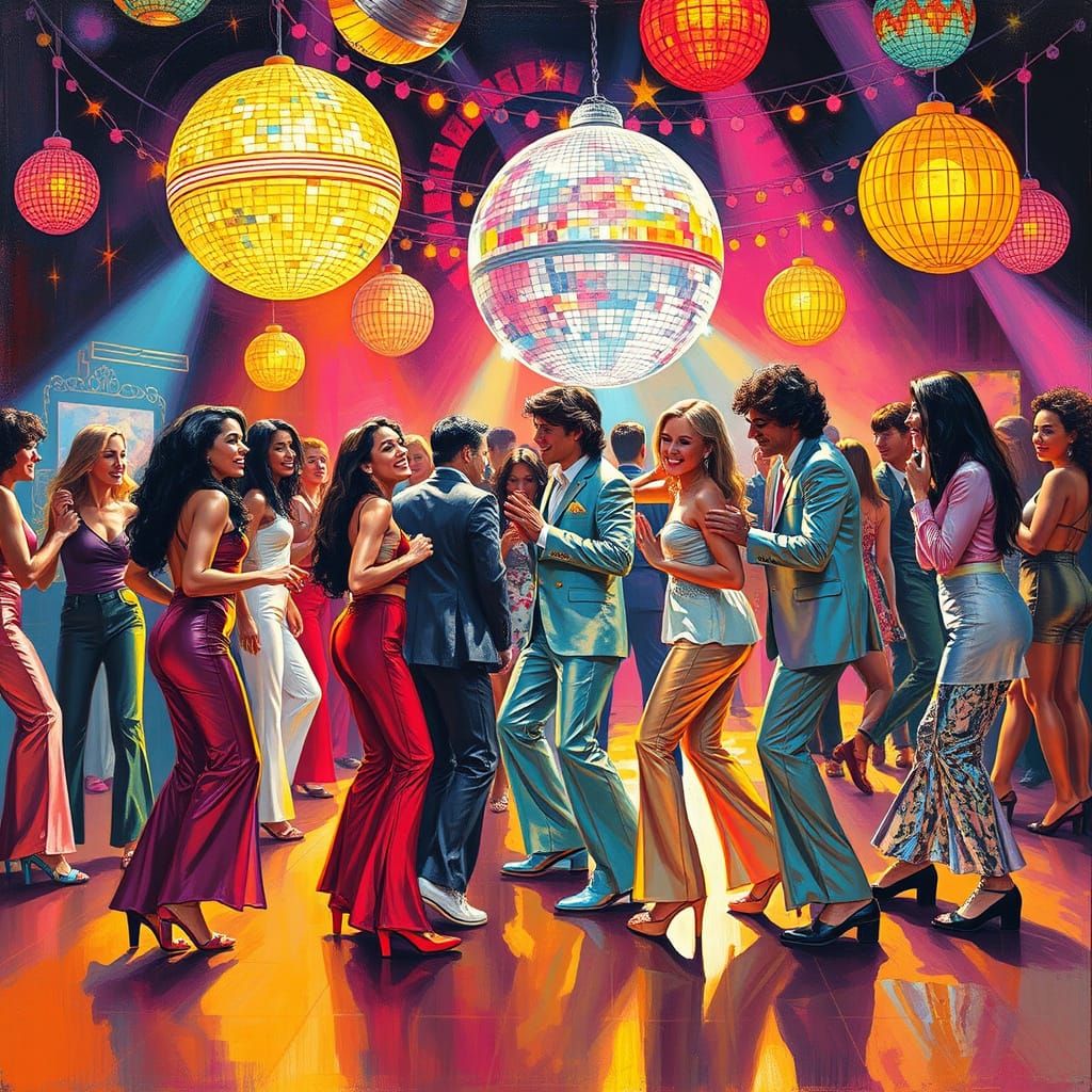 Electric 1970s Disco Scene with Vibrant Lights and Style