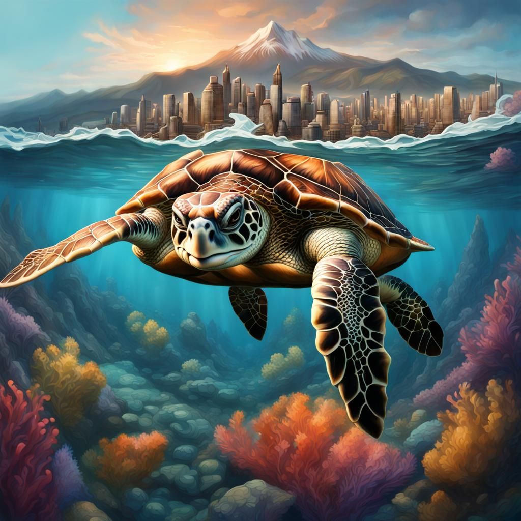 Sea Turtle Carries Mountain City: Hyperrealistic Splash Art