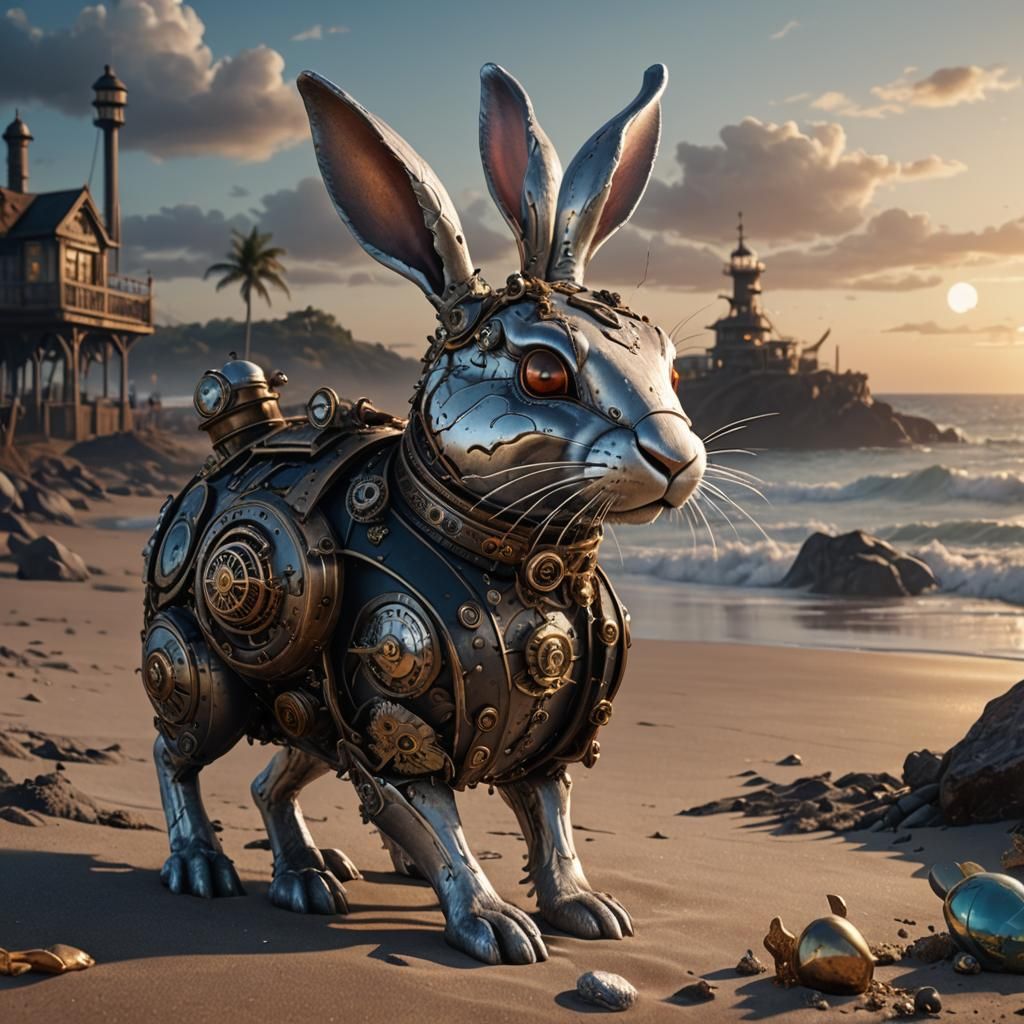 Steampunk Silver Rabbit at Sundown: Fantasy Art