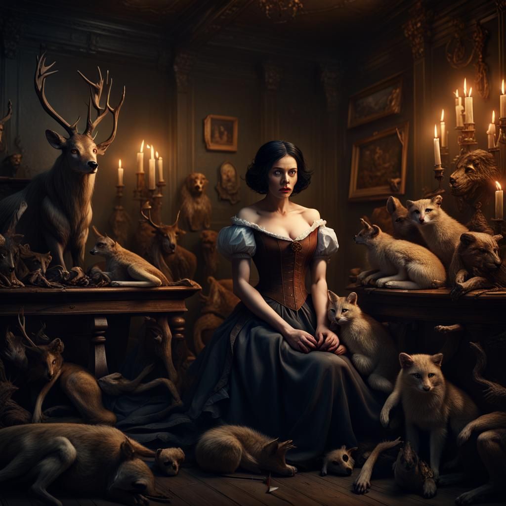 Grim Snow White in Despair with Hunting Rifle