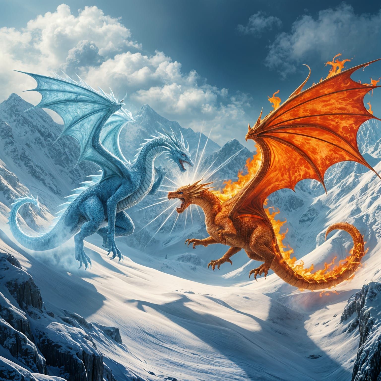 Epic Battle of Ice and Fire Dragons in a Medieval Realm
