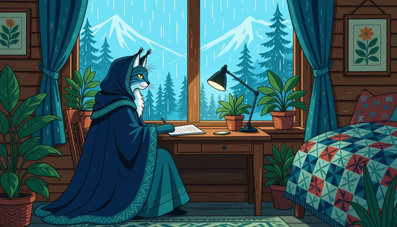 Lynx Sorceress in Cozy Alaskan Cabin