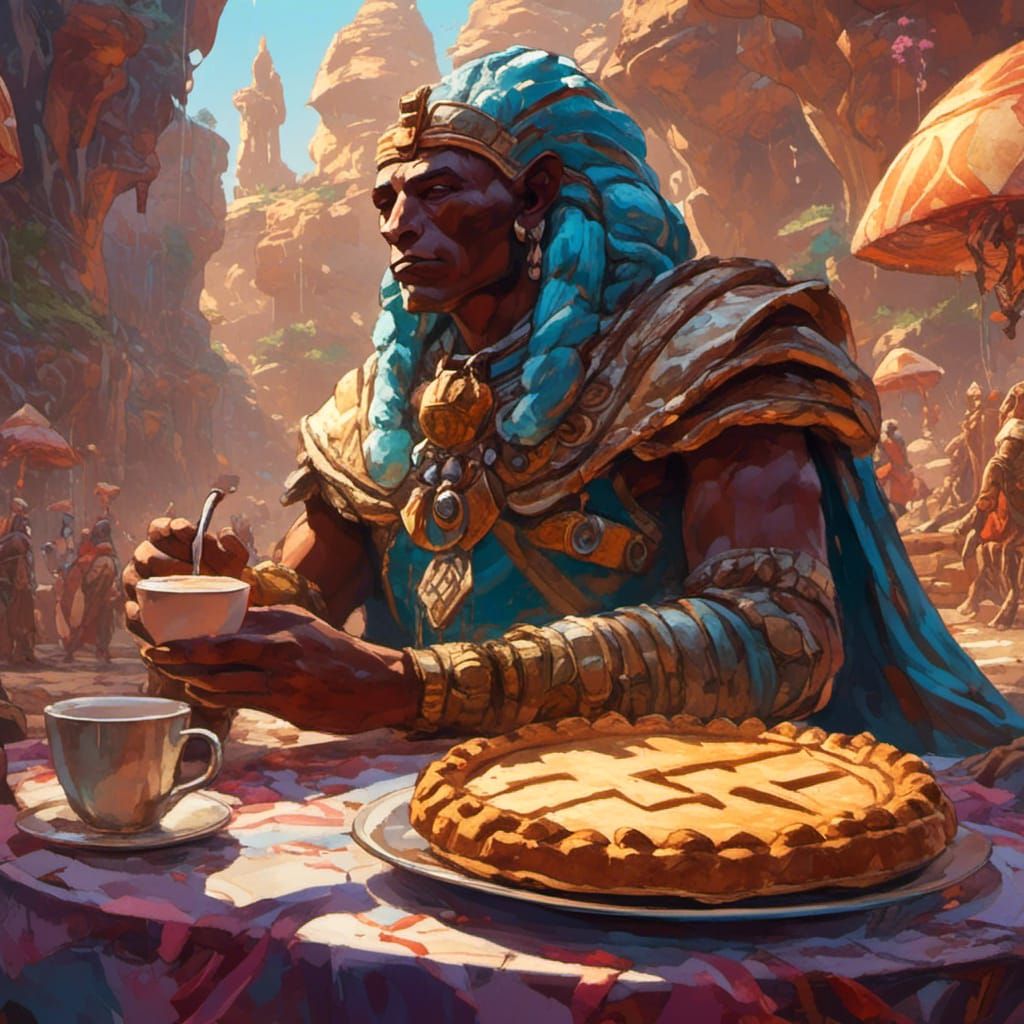 A pharaoh sitting in a coffee shop drinking coffee and eatin...