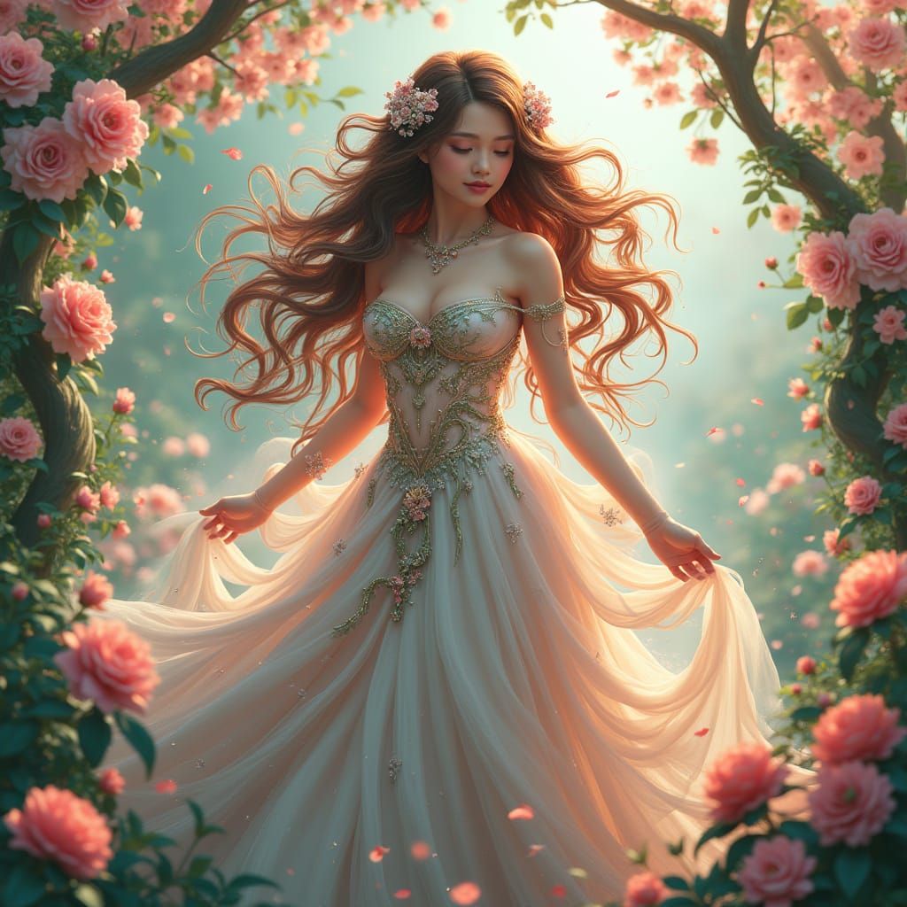 Majestic Goddess of Spring in Vibrant Anime-Inspired Style