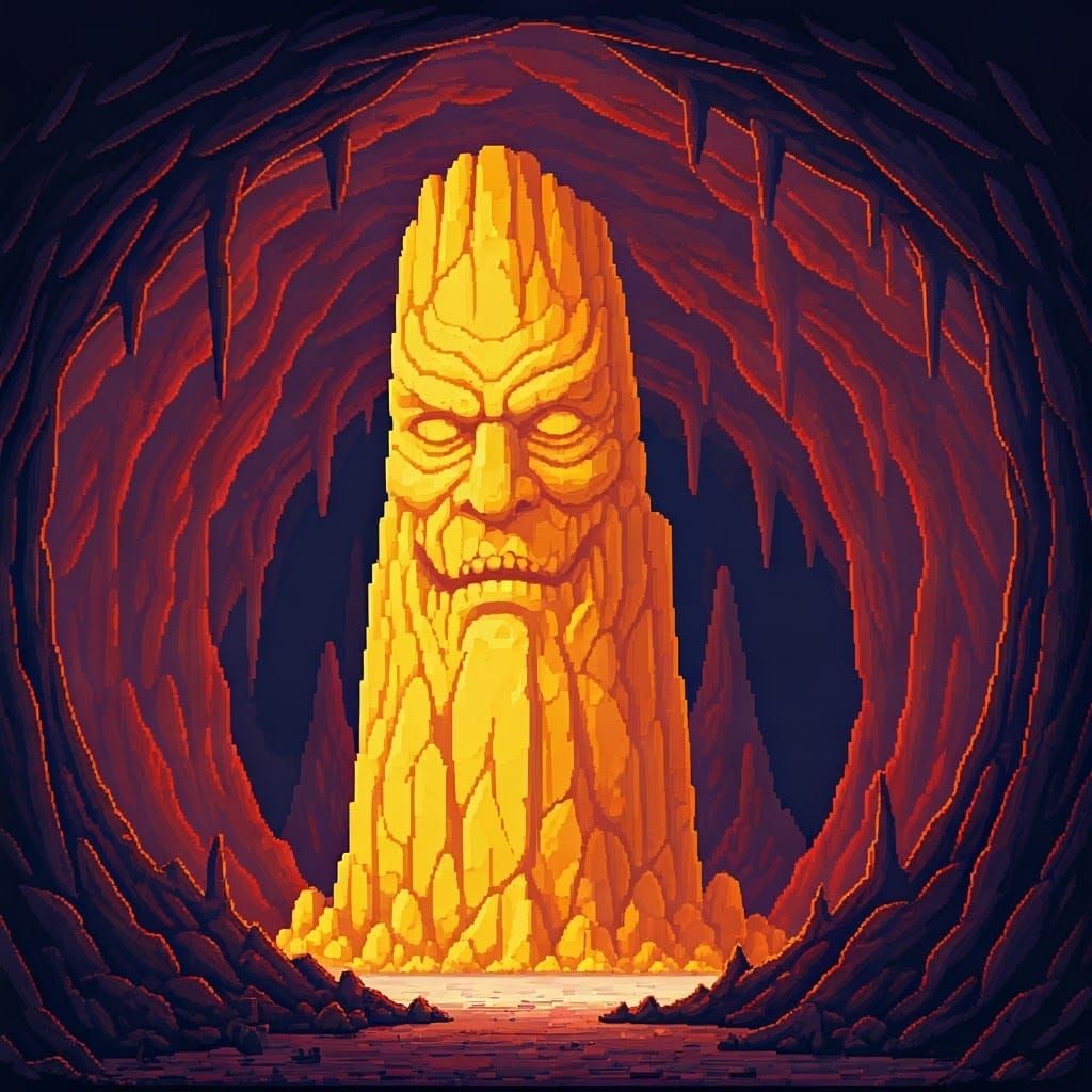 pixel art giant yellow rock pillar with a demonic face carved on it, inside a giant red cavern
