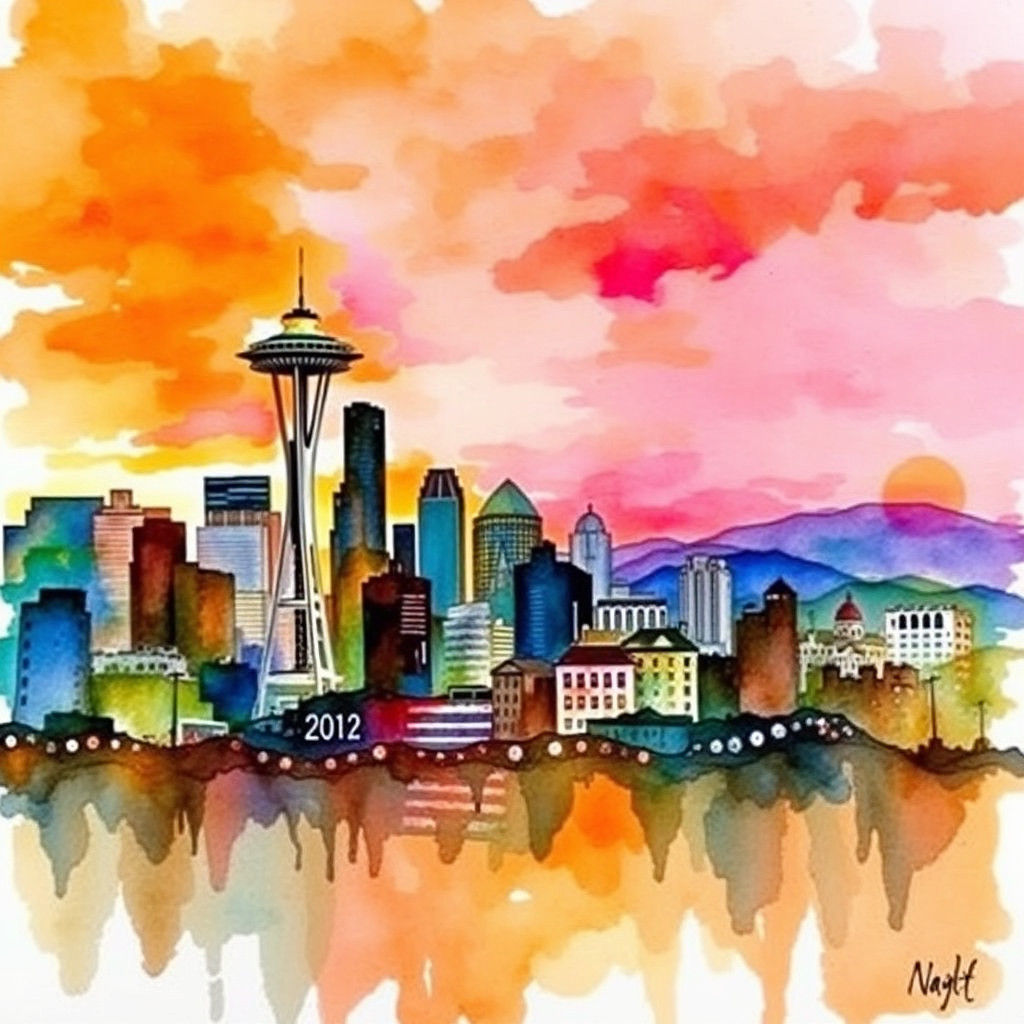 Vibrant Watercolor Seattle Skyline at Dusk