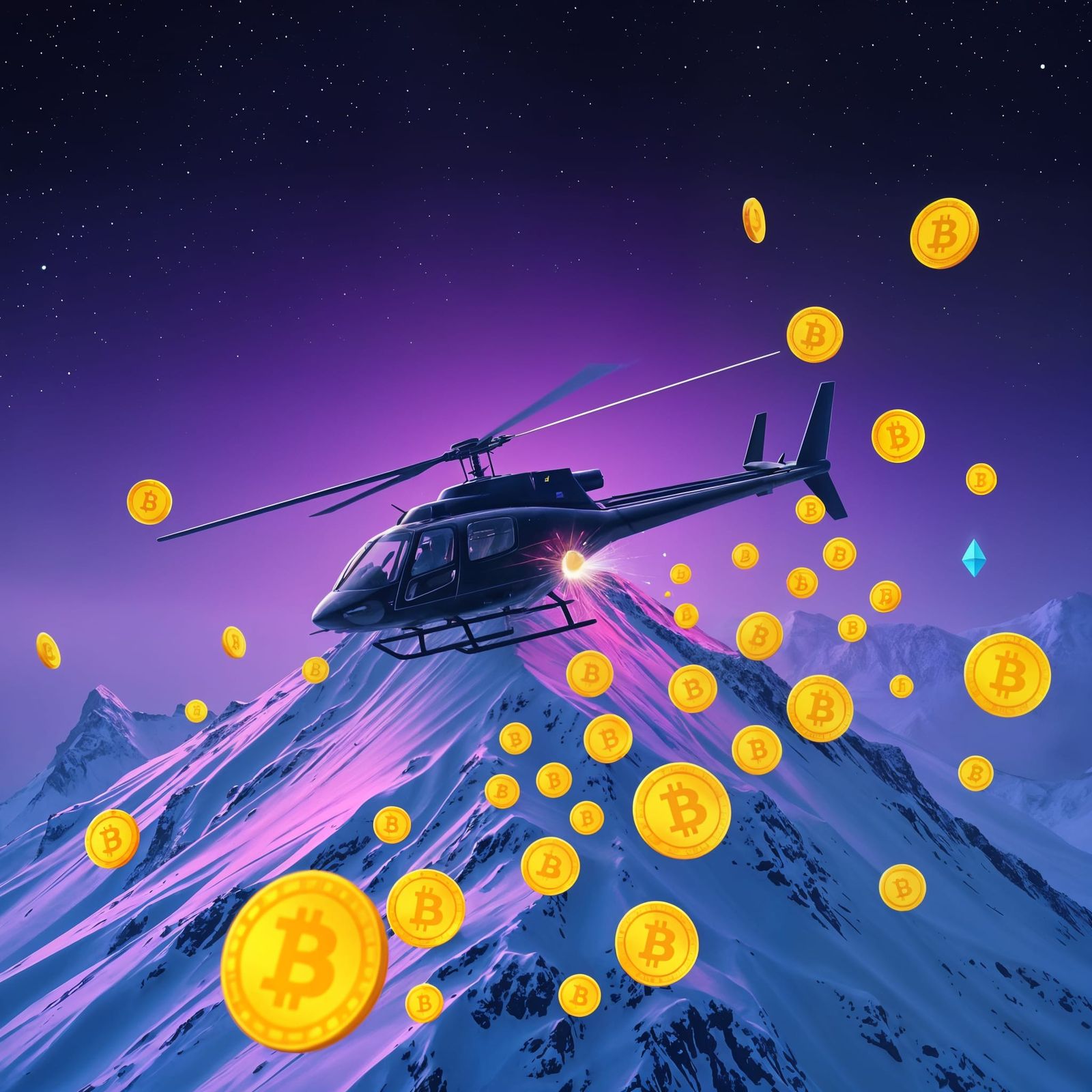 Futuristic Helicopter Crash in Snowy Mountain with Crypto