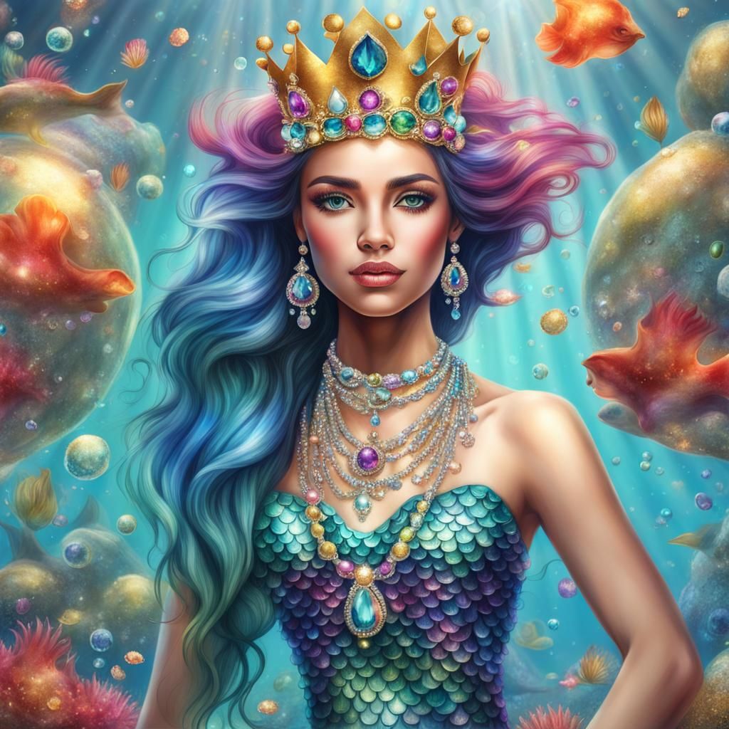 Elegant Mermaid Queen with Crown and Jewels