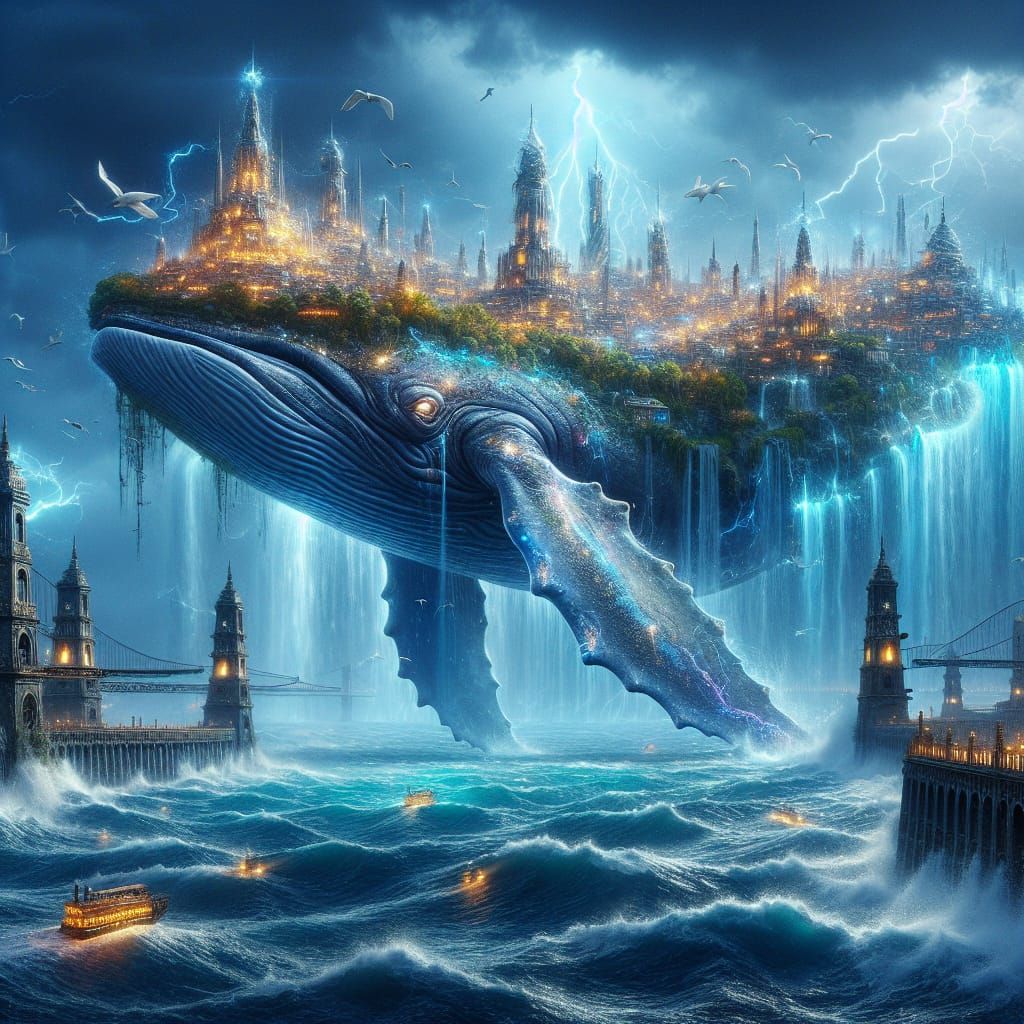 Luminescent City on Whale's Back in Stormy Sea