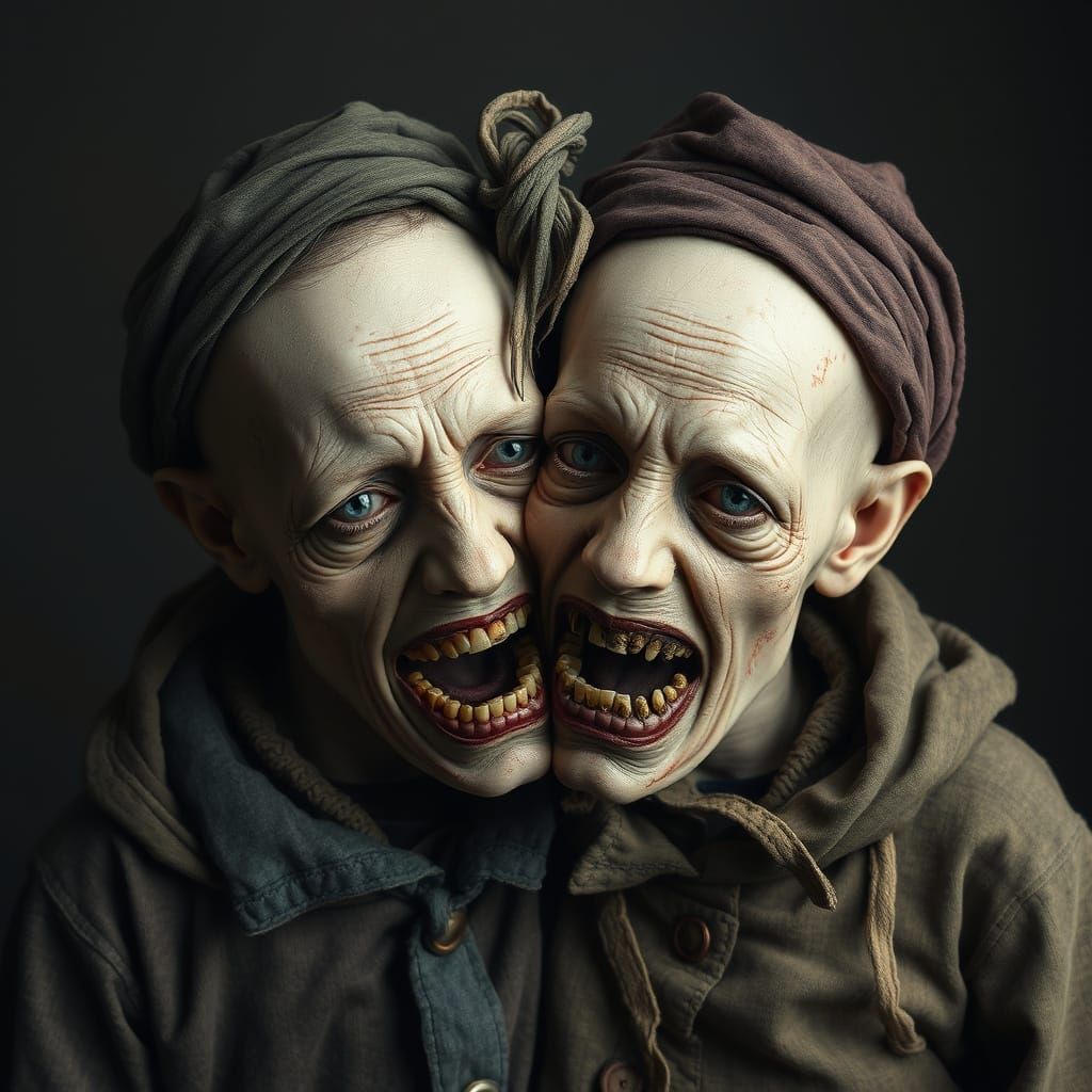 Disturbing Conjoined Twins in Surreal Horror Style