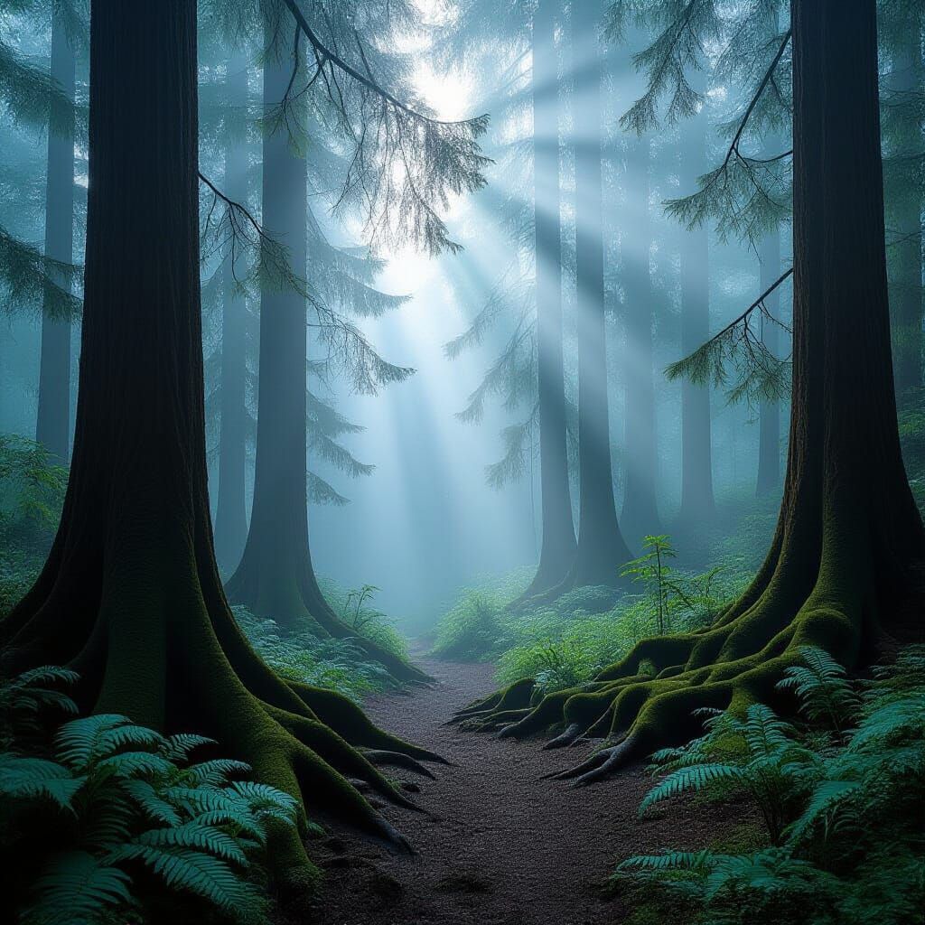 Misty Ancient Forest with Ethereal Light Beams