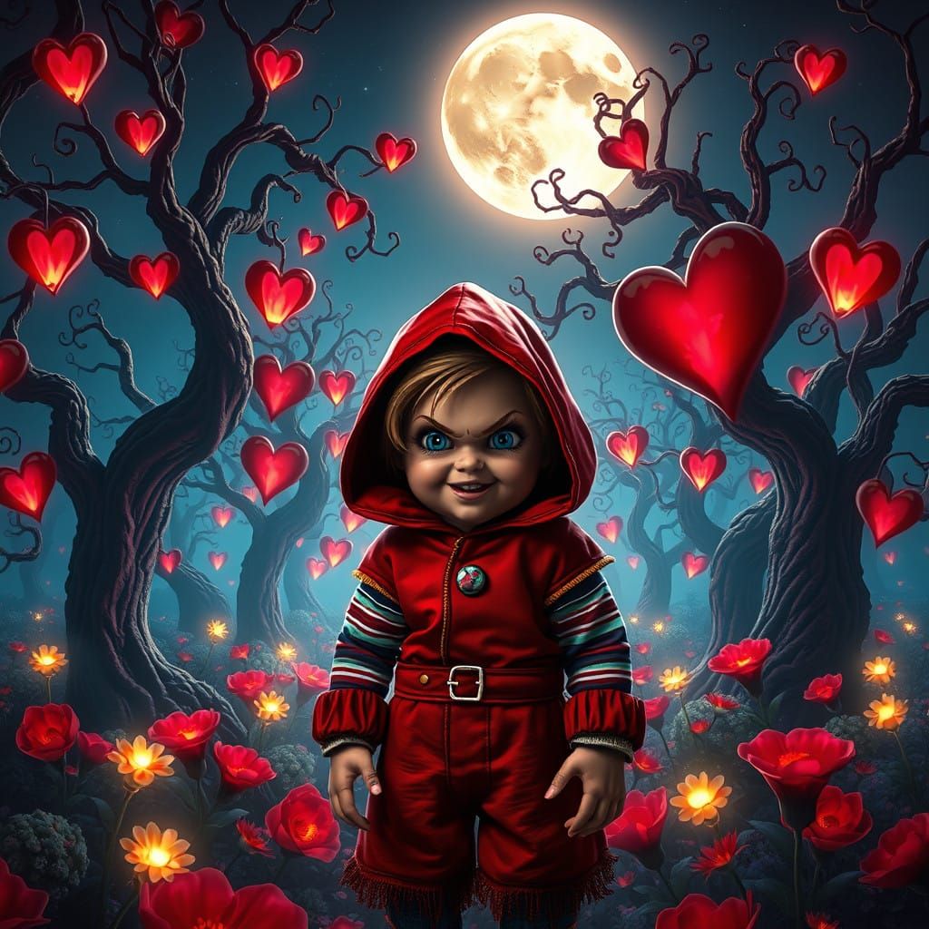 Dark Valentine's Day Scene with Chucky in a Fantastical Gard...