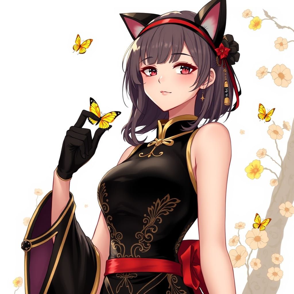 Seductive Manga Girl with Butterfly in Semi-Realistic Style