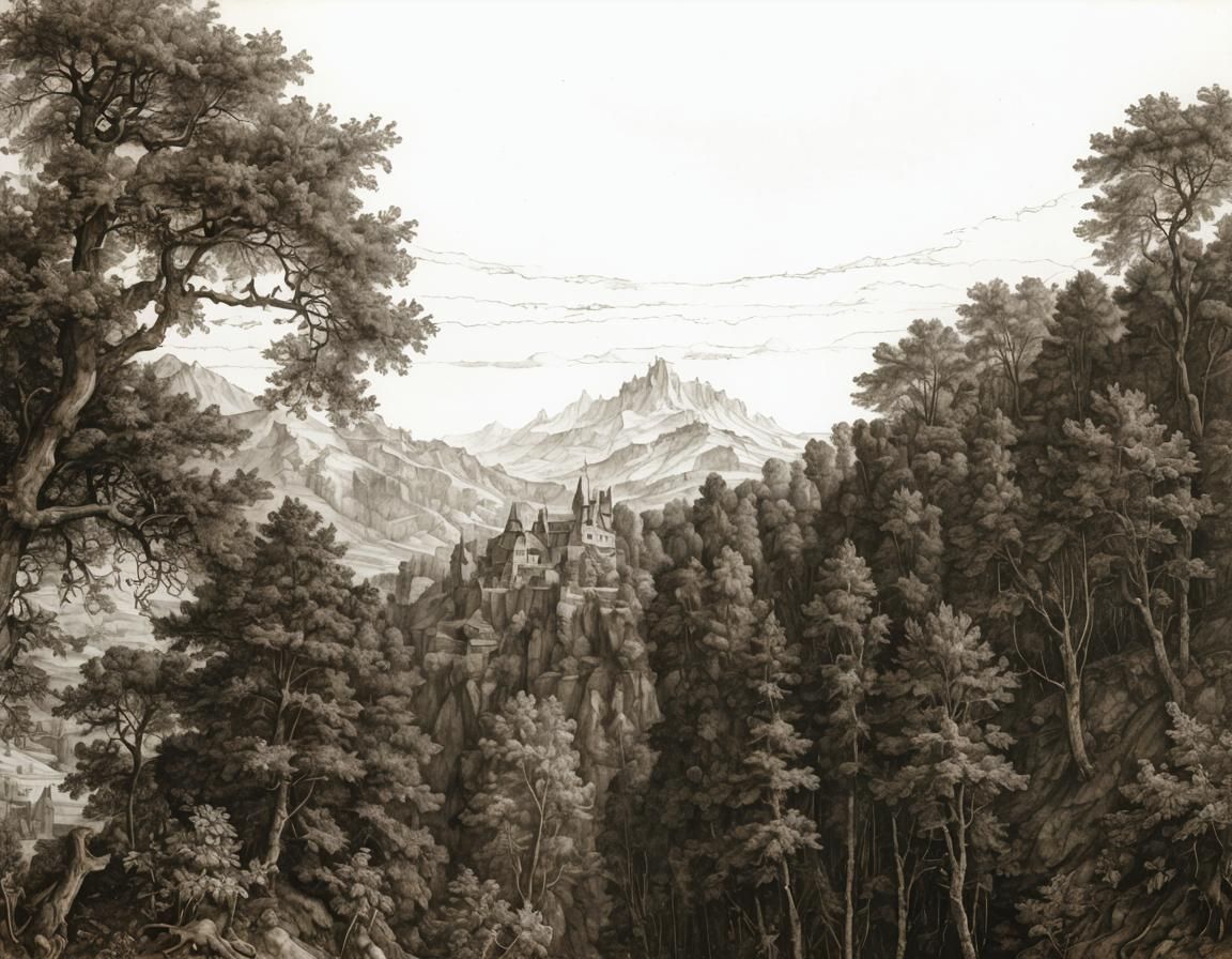 Hyperdetailed Charcoal Forest Hill in Black and White