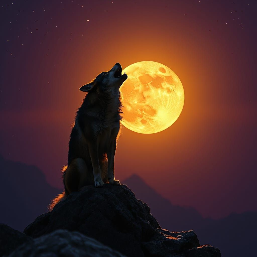 Wolf Howling at Harvest Moon in Digital Painting