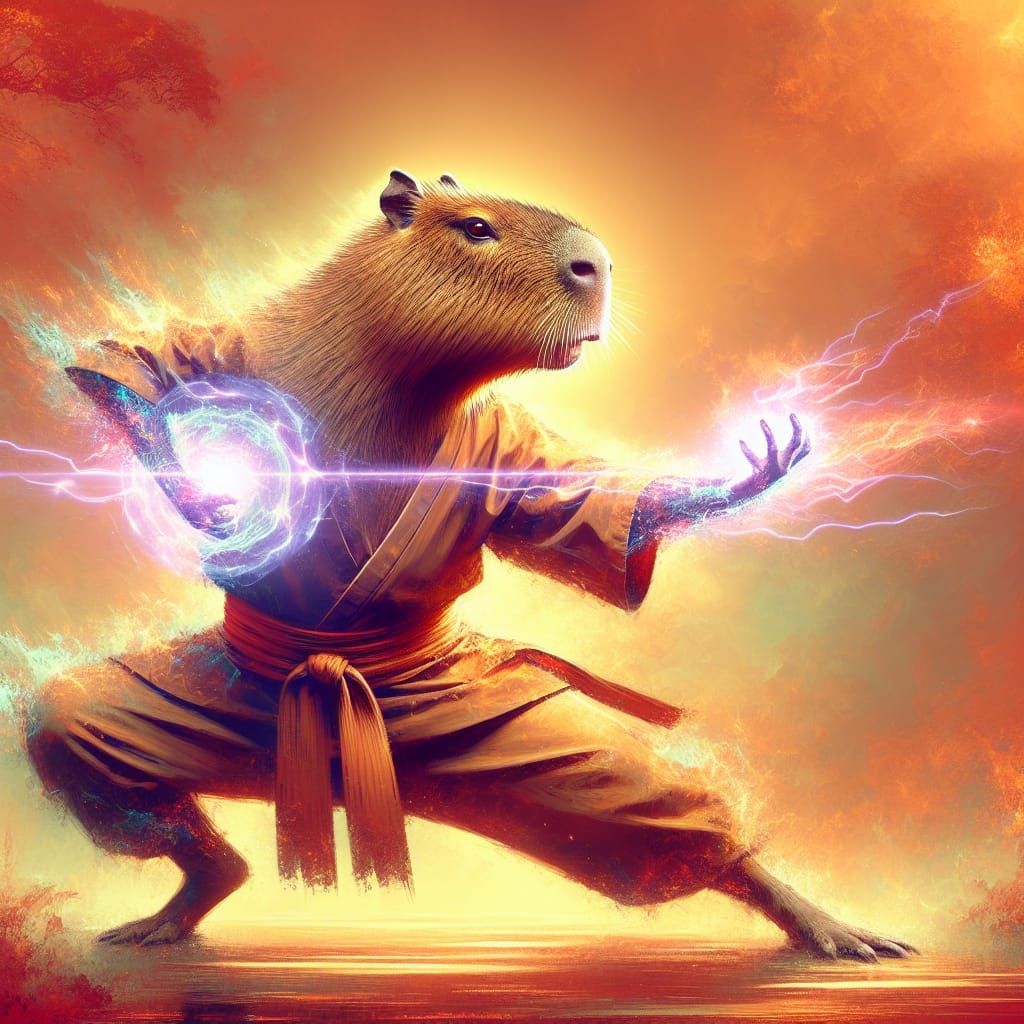 Capybara Warrior Unleashing Energy Blast as Matte Painting