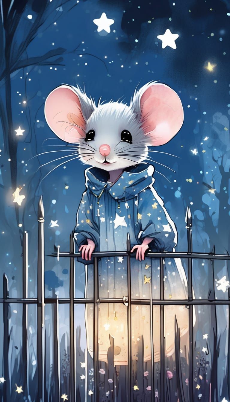 Cartoon Mouse Peeking in Starry Ink Landscape