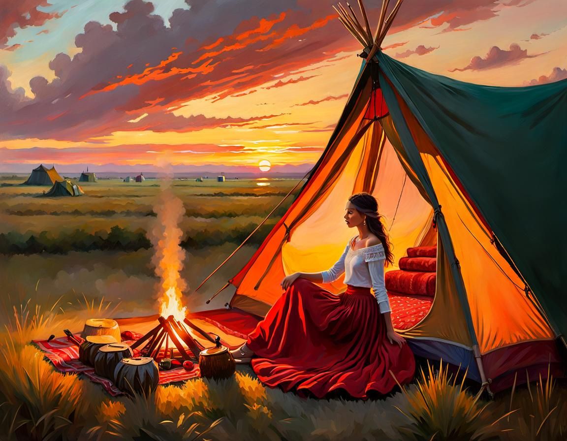Woman Camping at Sunset: An Oil Painting