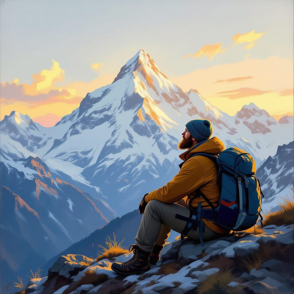 Determined Traveller Gazes at Mountain Peak in Golden Sunlig...